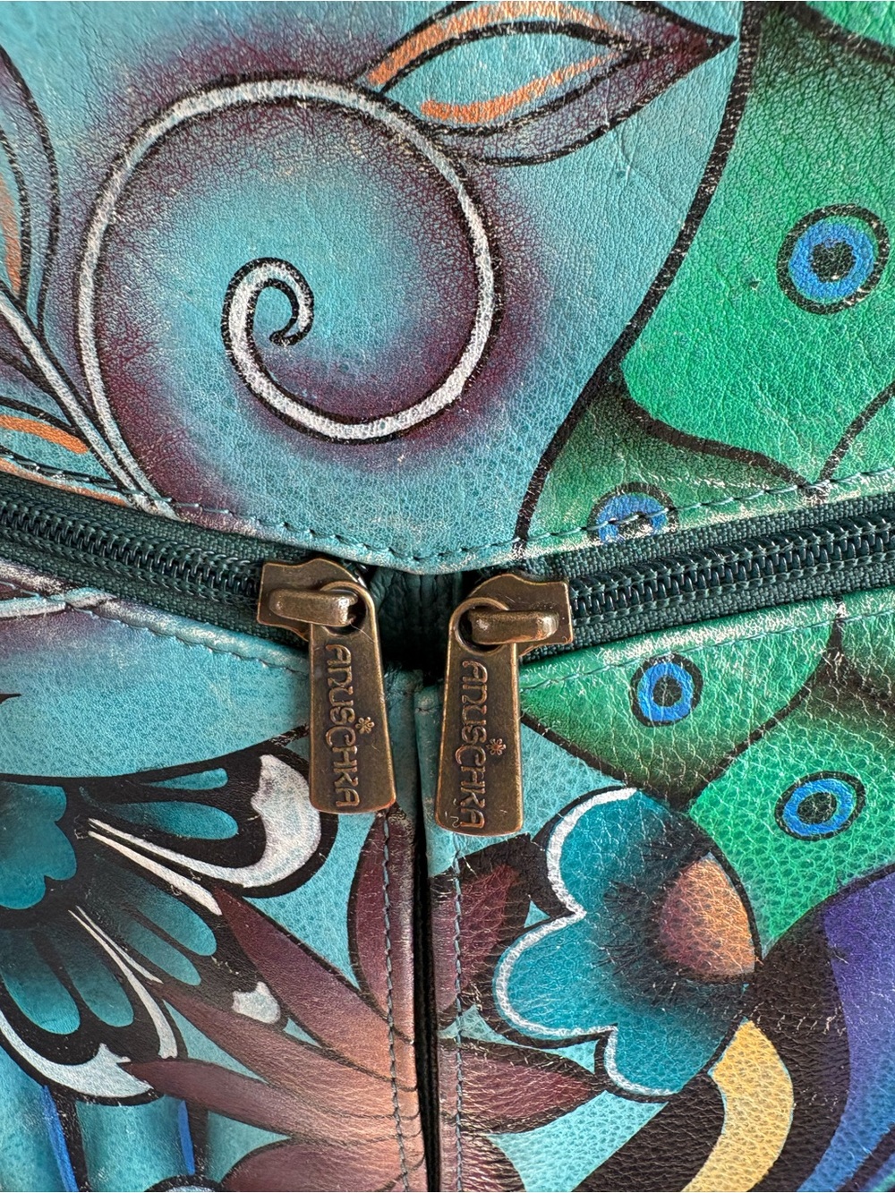 Anuschka Hobo Bag Purse Hand Painted Floral Peacock Leather Green Blue Artsy - Picture 3 of 12